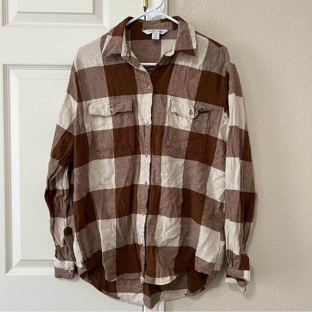 Old Navy Oversized Boyfriend Plaid Flannel Shirt Brown Cream Tall Small